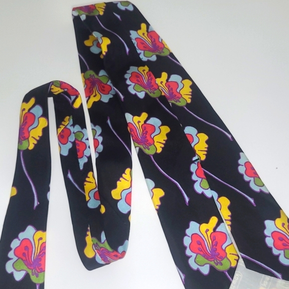 Peter Max Silk Tie Signed Pop Art Black w Hibiscus Floral Print Blue Pink Yellow - Picture 7 of 11